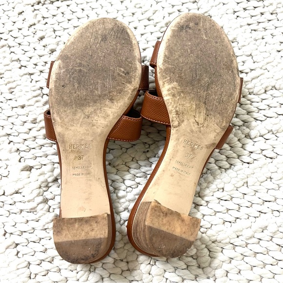 HERMES INSPIRED Camel Brown Sandals Womens Size 37 (7) Wide Block Heel EUC - Picture 10 of 13